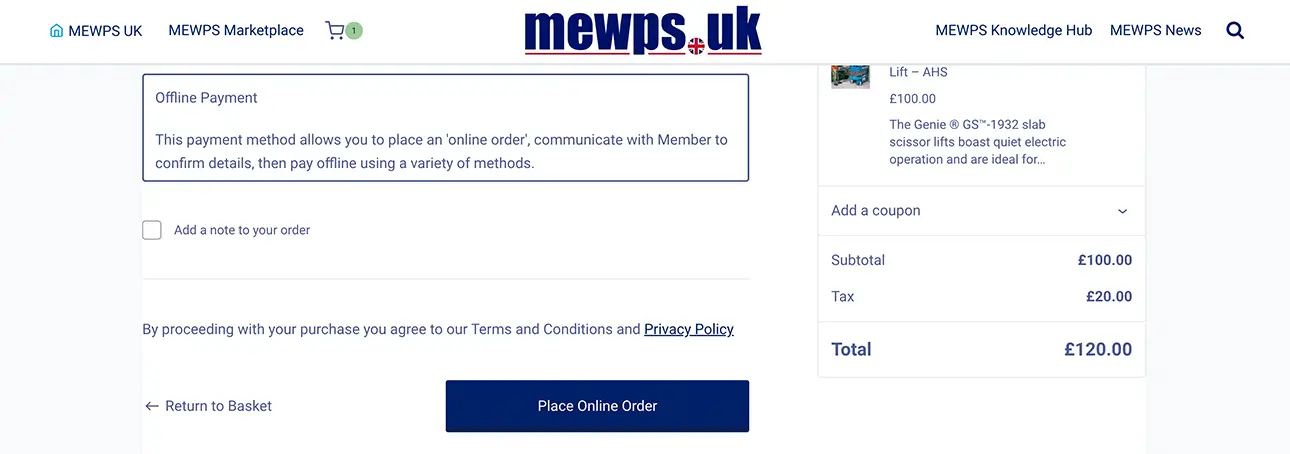 Place Orders Online with MEWPS Marketplace Code-Custom Checkout