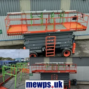 MHA Universal Pipe and Cladding Attachment securely fitted on a scissor lift transporting pipes and cladding panels at height.